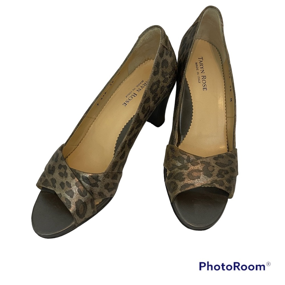 Taryn Rose Bronze Metallic Leopard Open Toe Heels